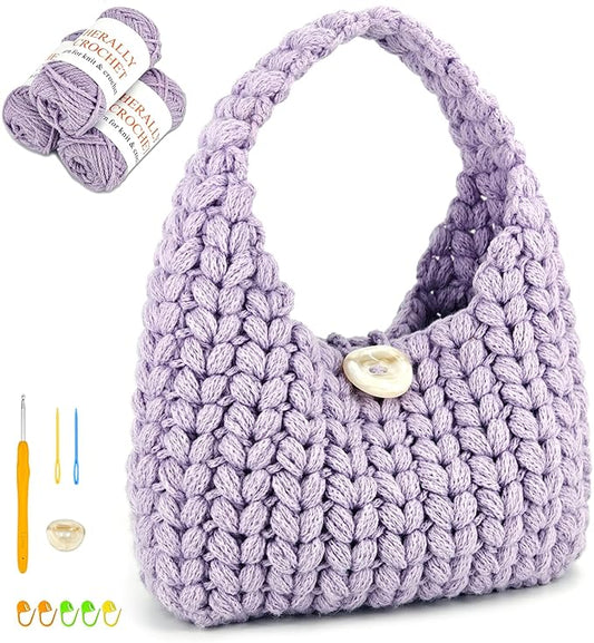 Herally Crochet Kit DIY for Beginners - Include Yarn, Hook and Accessory - with Step by Step Video Tutorials - Wheatear Hobo Bag (Lavender)