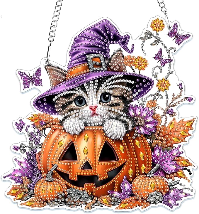 MOGTAA Cat Diamond Art Hanging Pendant Kits, Pumpkin Halloween Diamond Art Kits for Adults, 5D Special Shape Flowers Diamond Painting Gem Art for Home Garden Wall Decor