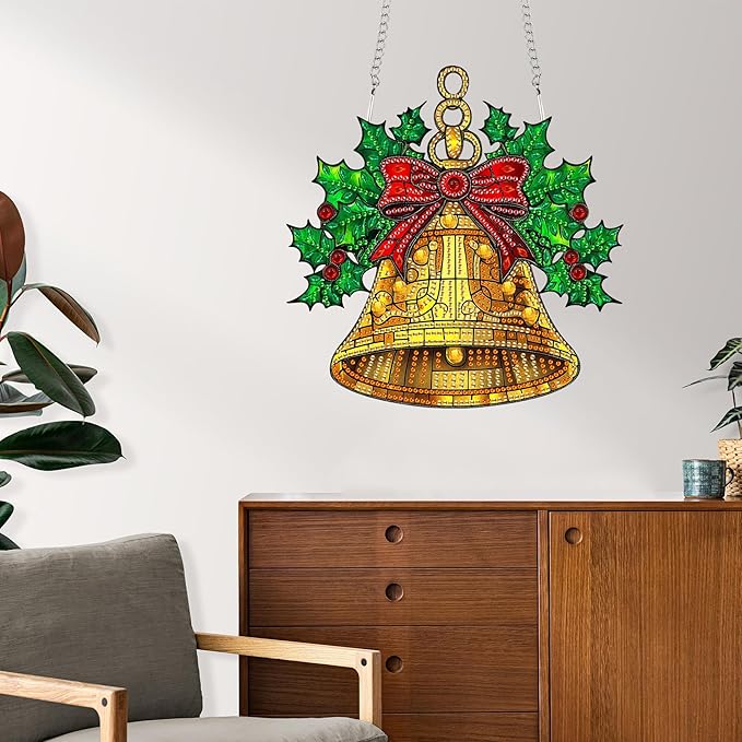 Reofrey Hanging Diamond Art Kits for Adults - 8x8 Inch Christmas Bells Acrylic Board Double Sided Pattern Diamond Art Suncatcher Pendant, Crystal Art for Home Wall or Window Decoration Handmade Gift