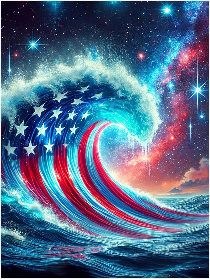 Reivworl Independence Day Diamond Art Kits for Adults, Waves Diamond Painting Kits, Gem Art Kit for Gifts and Home Interior Decor 12x16 Inch