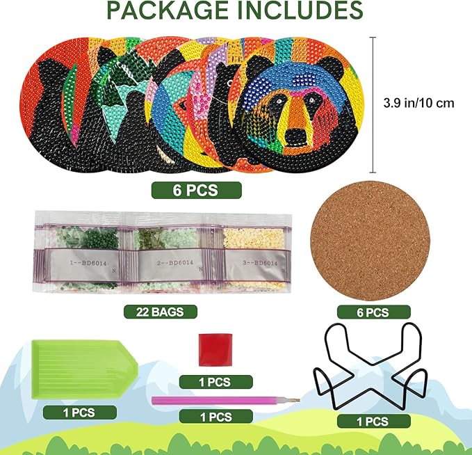 EWJRNSF 6 PCS Small Diamond Art Coasters Kits, Diamond Painting, Fall Diamond Art Kits for Adults Beginners, Arts and Crafts Item Sets with Holder for Drinks Bruin