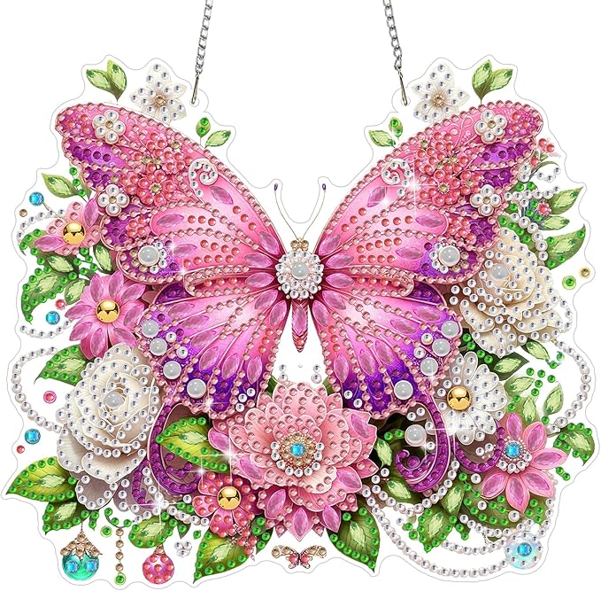 MEIYUDA Butterfly Diamond Art Hanging Kits for Adult, Flowers Butterfly Diamond Painting Hanging Kits Ornaments, DIY Special Shaped Rhinestone Window Pendants kit for Home Garden Wall Decor Gift