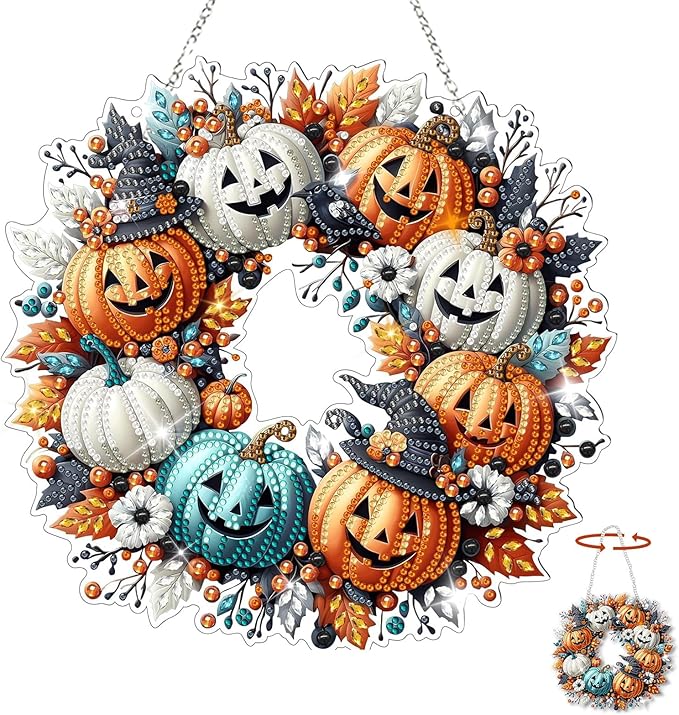 GAYISIC Diamond Art Hanging Kit for Adult, Double Sided 5D Acrylic Diamond Art Painting Window Pendants，DIY Acrylic Diamond Art Painting Window Pendants Home Garden Wall (Halloween Pumpkin)