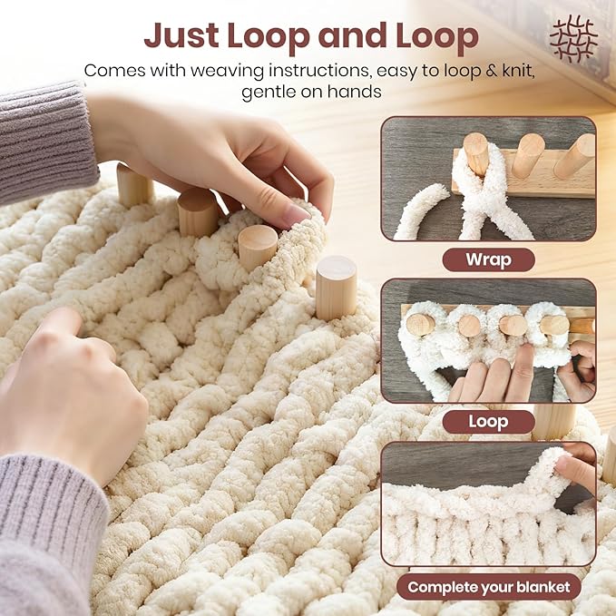 Solid Wood Chunky Blanket Loom for Bulky Yarn to Knit Without Needles - Modular Chunky Yarn Loom for Blankets & Scarves - Available in 32"/48"/72" - with Storage Bag, Stress Relief DIY Gift