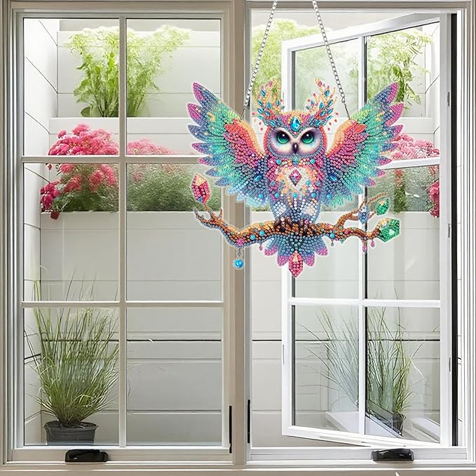 Ristpal Diamond Painting Kits Hanging for Adult, Special Shaped Rhinestone, DIY Acrylic Diamond Art Painting Window Pendants Home Garden Wall Hanging Kits for Home Decor and Gifts (Owls)