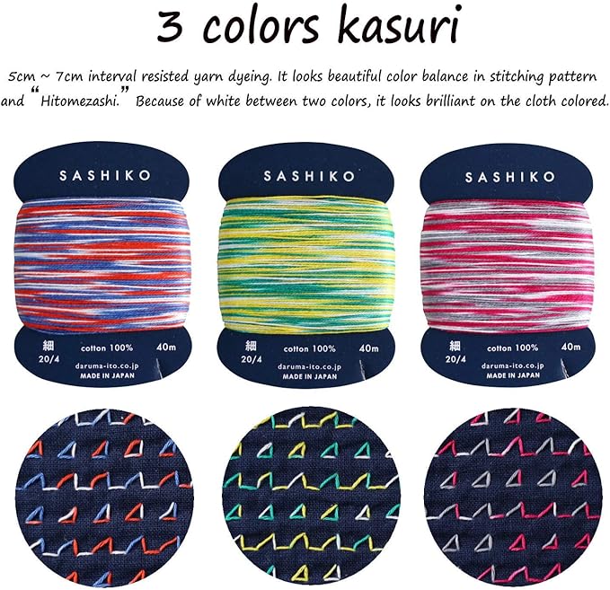 DARUMA Sashiko Thread 100% Cotton Card Type (43.7 yd) x 8 Colors with English Manual, Sewing & Embroidery Value Set with Gift Package (Thin, Kasuri)
