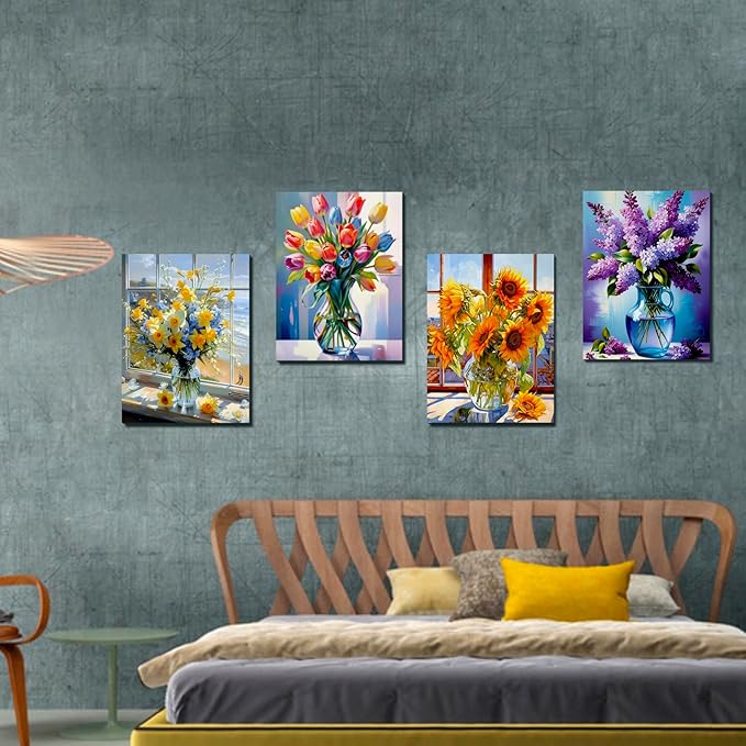 Muzagroo Art Flowers Diamond Paintings Kits for Adults Sunflower Diamond Art Kits for Beginners Hand Crafts Full Drill 5D Diamond Dots Kits DIY Gem Art 12X16 inches 4PCS (Sunflowers)