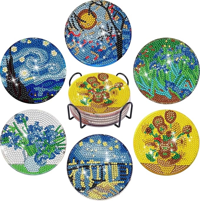 EWJRNSF 6 PCS Small Diamond Art Coasters Kits, Diamond Painting Coasters, Fall Diamond Art Kits for Adults Beginners, Arts and Crafts Item Sets with Holder for Drinks. Landscape
