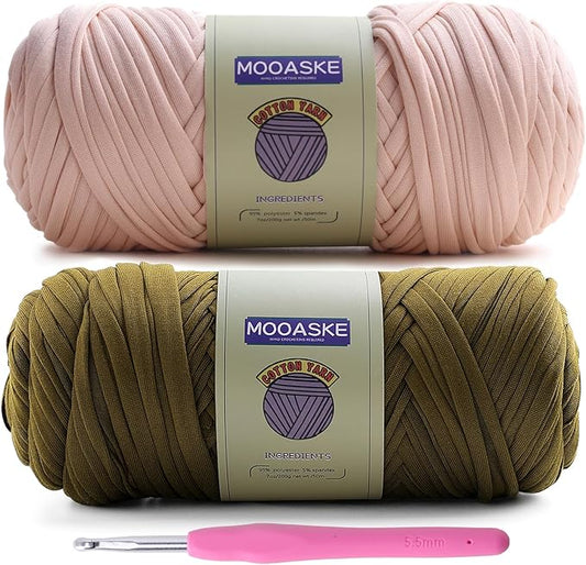 2 Pack T-Shirt Crochet Yarn for DIY Knitting Crochet Cloth Blanket Bag Dolls - 400g Chunky Thick Yarn for Crocheting with Polyester-Spandex Blend Elastic Fabric (Beige+Dark Green)