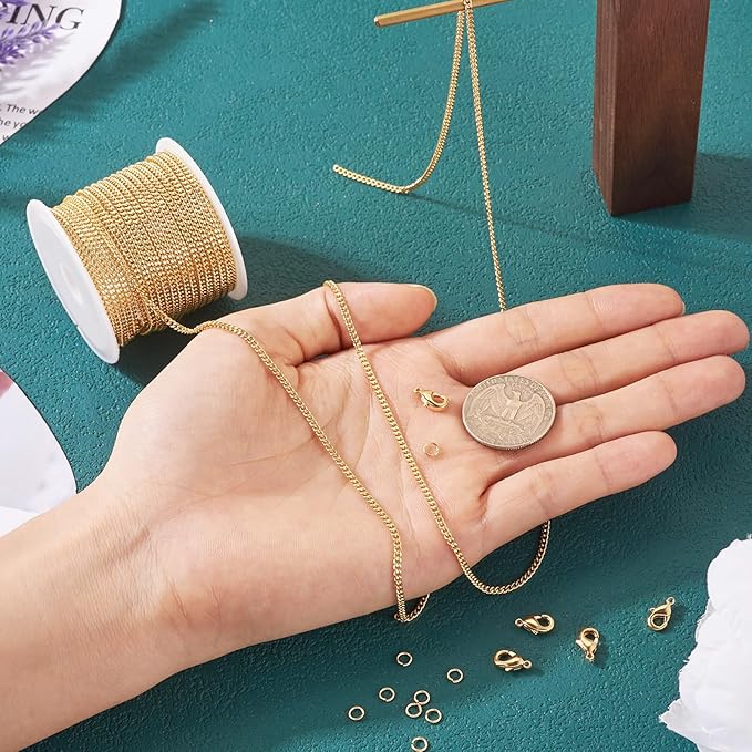 Pandahall Real 18K Gold Plated Cuban Link Chains 16.4 Feet Brass Curb Chains Soldered Jewelry Chains with Lobster Claw Clasps Jump Rings for Bracelet Necklace Jewelry Making