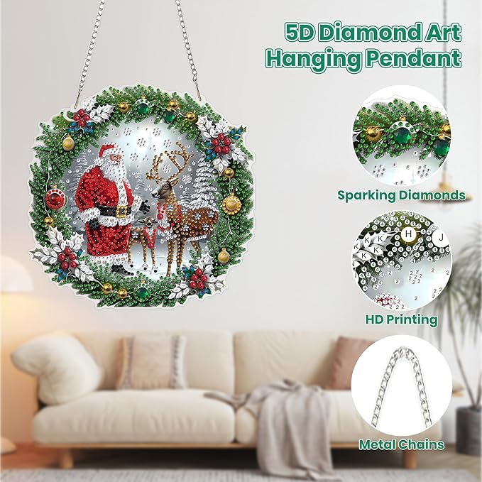 MOGTAA Christmas Diamond Art Hanging Kits for Adults Kids, Christmas Deer Diamond Art Suncatchers, 5D Special Shape Santa Claus Diamond Painting Window Pendant Kit for Home Garden Wall Decor