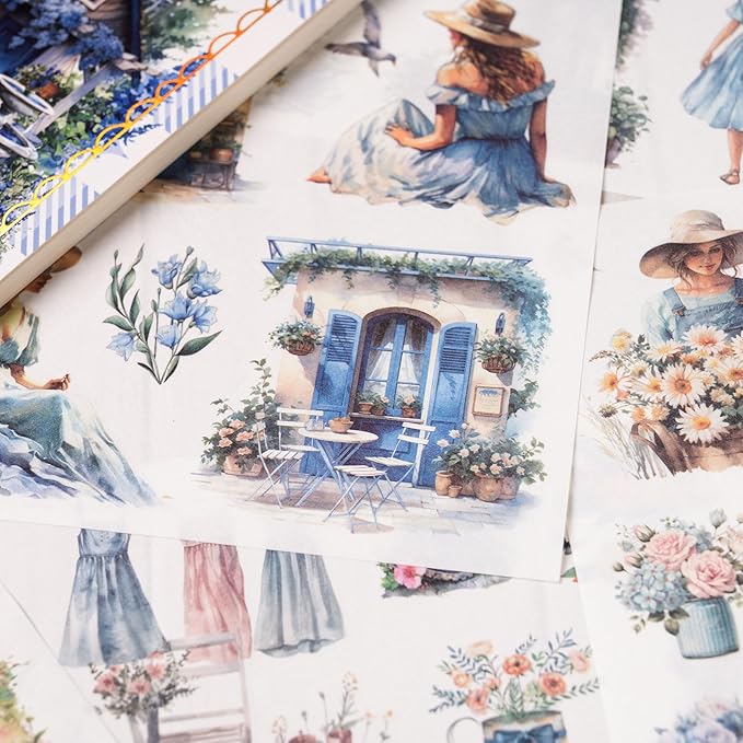 Garden Junk Journal Stickers, 50 Sheets Washi Journaling Sticker Book, Scrapbook Supplies, Watercolor Scrapbooking for Adults, Blue Decorative Ephemera Arts Craft