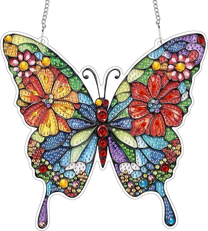 SKRYUIE Butterfly Hanging Diamond Art Kits for Adults Pendant Suncatcher, Special Shaped Crystal DIY Pearl Diamond Painting Kit, Gift for Mother Spring Summer Window Wreath Decor 7.49 x 7.56 Inch A25