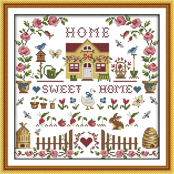 CaptainCrafts New Cross Stitch Kits Embroidery Kit Full Range Pre-Printed and Counted Fabrics Kits for Adults Beginners Home Decor (White Cloth Unpreprint 14CT, Sweet Home)