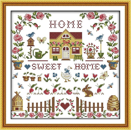 CaptainCrafts New Cross Stitch Kits Embroidery Kit Full Range Pre-Printed and Counted Fabrics Kits for Adults Beginners Home Decor (White Cloth Unpreprint 14CT, Sweet Home)