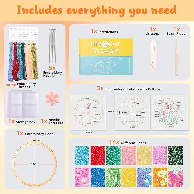 HTVRONT Bead Embroidery Kit for Beginners 3 Sets Bling Bling Bead Embroidery Kit with Step by Step Stitch Video & Instructions, Three-Dimensional Starter Embroidery Set with 19 Stitches for Gift