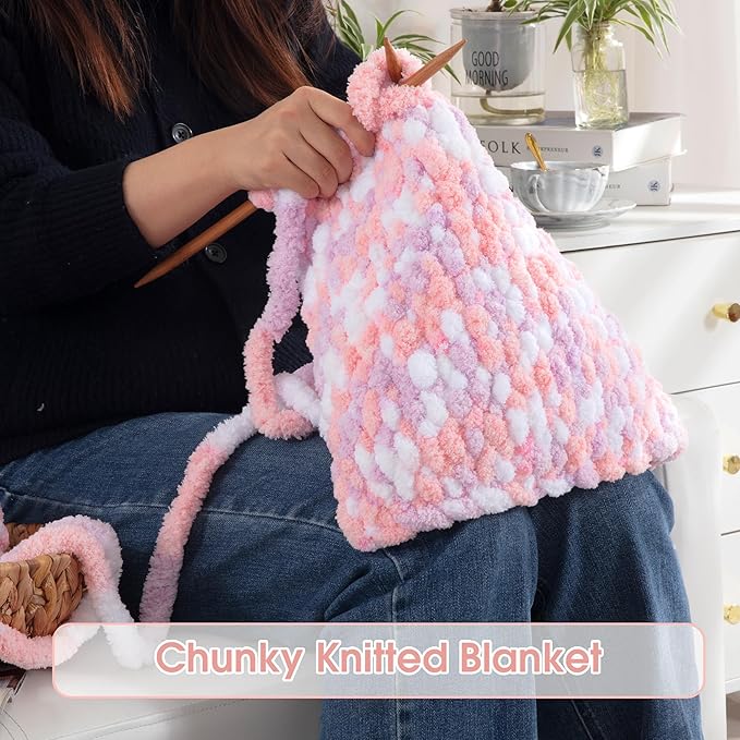 HOMBYS Chunky Tie Dye Mix Chenille Yarn for Hand Knitting, Super Bulky Jumbo Yarn for Crocheting, 3/4" Thick Soft Plush Yarn for Blankets, 8 Skein Pack (26 yds / 7.5 oz Each) Pink Purple