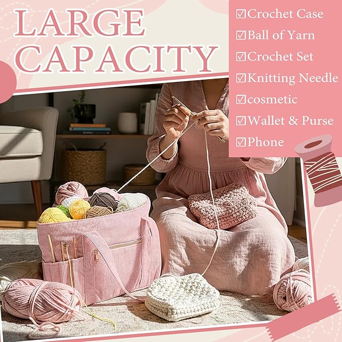 Bulyoou 2 Pcs Crochet Bag and Tote Set Corduroy Yarn Bag for Hooks Organizer Yarn Holder for Crochet Lovers Knitting Accessories(Pink)