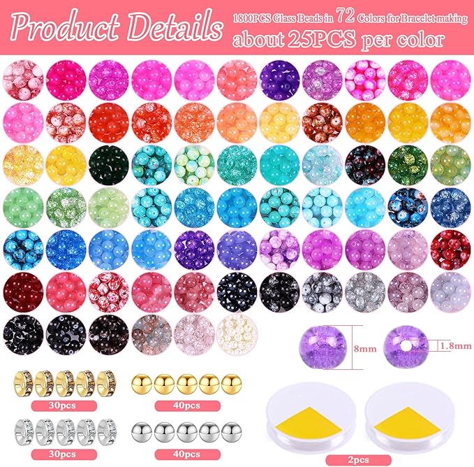2080Pcs 8mm Glass Beads for Jewelry Making, 72 Colors Crystal Beads Bracelet Making Kit, Round Glass Beads for Bracelets and DIY Crafts, Solid, Crackle and Marble Colors, 3 Box