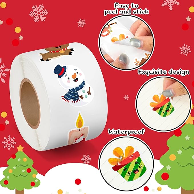 beyumi cute christmas sticker roll - 1000pcs christmas holiday stickers in 2 rolls waterproof vinyl xmas cute santa claus snowman candy cane decals gift party laptop bottle scrapbooking decor for kids