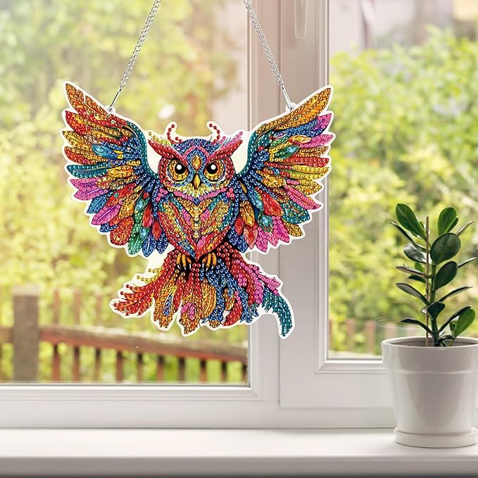 HEIBAGO Owl Hanging Diamond Art Kits for Adults, Special Shaped Crystal Diamond Painting Ornament Kit, DIY Double-Sided Pattern Window Pendant Gem Art Kit for Home Wall Decor 8.3x8.3inch