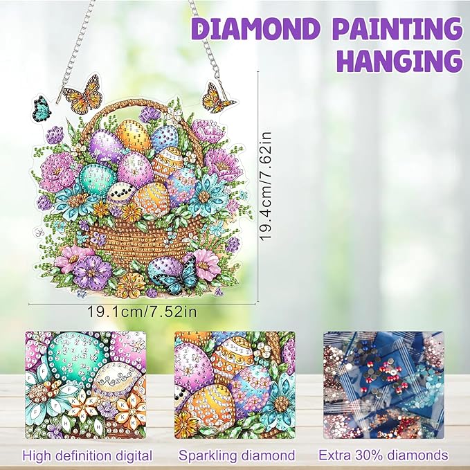 MAXBYE Easter Hanging Diamond Art Kits for Adults Colorful Eggs with Butterflies, Special Crystal Double Sided Pendant DIY Diamond Art Painting Kits for Beginners Gift Wall Home Decoration 8×12Inch