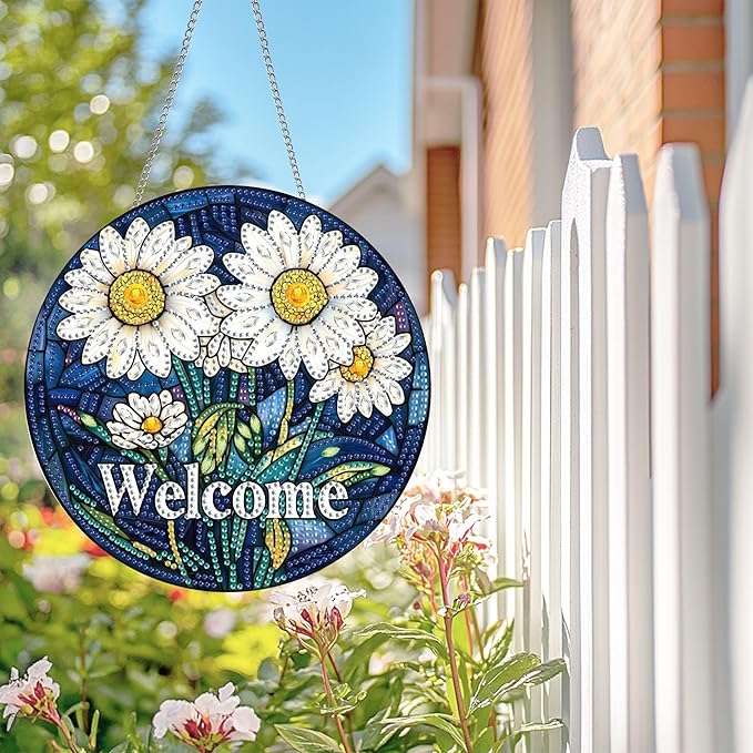 Wergund 5D DIY Welcome Diamond Art Hanging Kits, Hanging Diamond Art Daisy, Acrylic Special Shaped Rhinestone, Window Hanging Pendants for Home Wall Garden Front Door Outdoor Decor Gift(Welcome)