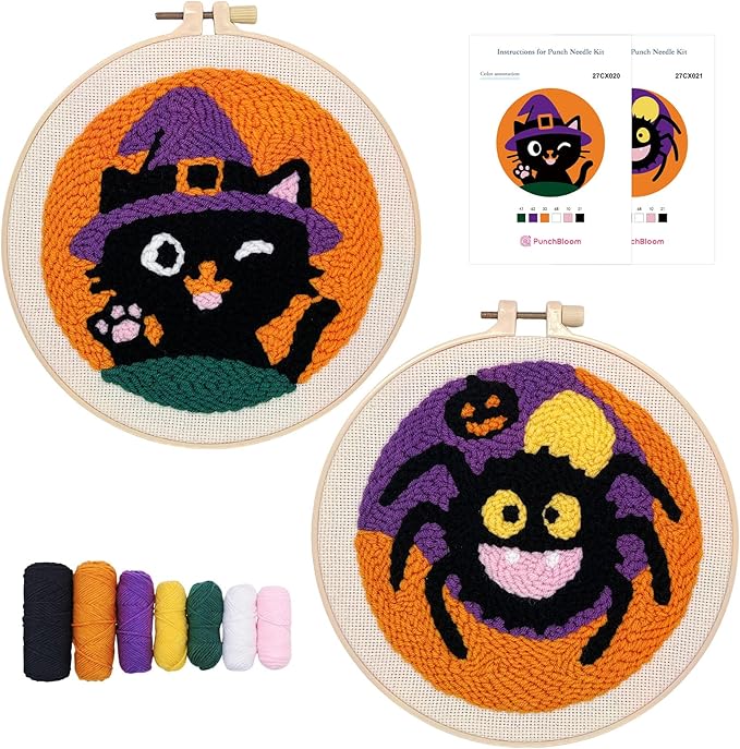 Halloween Punch Needle Kit for Adult Beginner, Easy Punch Embroidery Starter Set with Instruction, Fun DIY Needle Point Craft for Home Decor & Holiday Gift Idea(2pcs Cat & Spider)