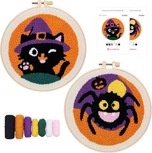Halloween Punch Needle Kit for Adult Beginner, Easy Punch Embroidery Starter Set with Instruction, Fun DIY Needle Point Craft for Home Decor & Holiday Gift Idea(2pcs Cat & Spider)