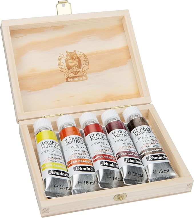 Schmincke - HORADAM® AQUARELL, Super-Granulation Set Volcano, 5 x 15 ml tubes, 74 868 097, wooden box, very strong granulating colors, finest, supergranulating watercolors