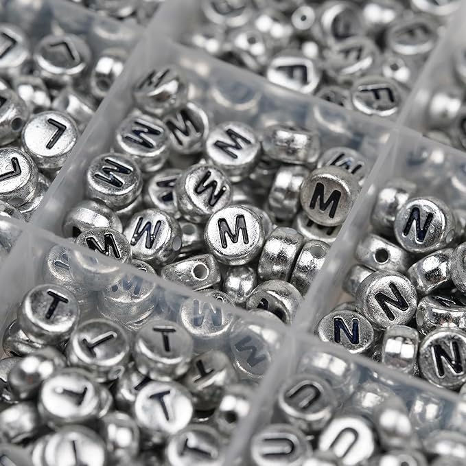 1450Pcs Silver Acrylic 4x7mm Round Letter Beads Kits Alphabet A-Z (Extra for Vowel Letter) and Number Beads for Bracelets Necklaces Jewelry Making (Silver, 4x7mm)