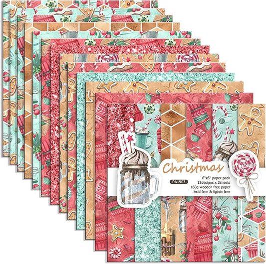 Christmas Pattern Scrapbook Paper, 6 Inch Card Production Supplies, 24 Sheets Single Sided Acid-Free Cardstock Greeting Card, Handmade Gift Journaling Craft Kits (A-style)