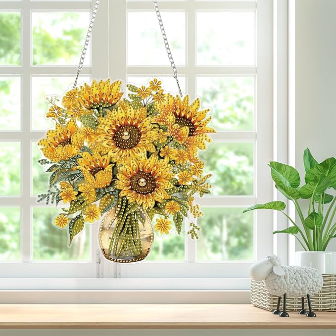 Bowetile Spring Diamond Art Hanging Kits for Adults, Diamond Art Suncatchers Sunflowers, 5D Special Shape Diamond Painting Pendant Window Ornament Gifts for Home Wall Garden Door Decor