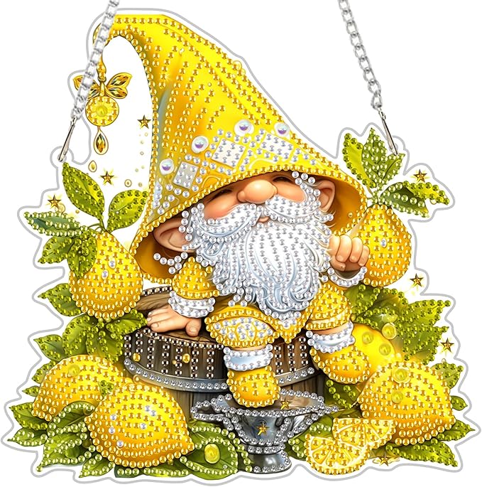 NEWENMO Diamond Art Hanging Kit for Adult, Lemon Gnome, DIY Double Sided Acrylic Special Shaped Diamond Art Painting Window Pendant Lemon Party Gnome, Home Garden Wall Hanging Ornament Kits