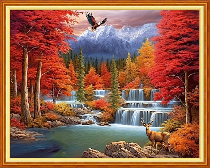 foxhool stamped cross stitch kits,11ct printed cross stitch pattern full embroidery kits for beginner needlepoint kits-golden autumn waterfall 16x20 inch