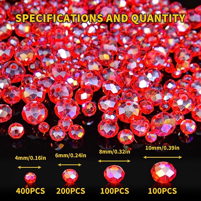laopottbeads 800pcs 4/6/8/10mm crystal glass beads for jewelry making beads for bracelets necklace pendants making supplies(red)