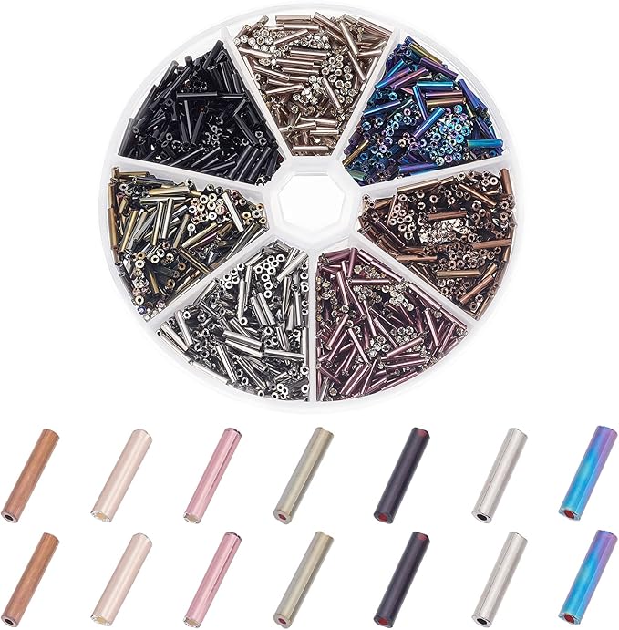 PH PandaHall 1260pcs 7 Colors Glass Bugle Beads, 9x2mm Metallic Long Seed Beads Tube Beads Craft Beads Loose Spacer Bead for Earrings Bracelets Necklaces Waist Chain Jewelry Making, Hole 0.5mm