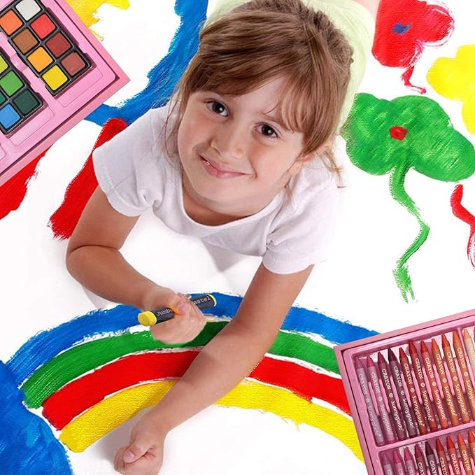 Sunnyglade 145 Piece Deluxe Art Set, Wooden Art Box & Drawing Kit with Crayons, Oil Pastels, Colored Pencils, Watercolor Cakes, Sketch Pencils, Paint Brush, Sharpener, Eraser, Color Chart (Pink)