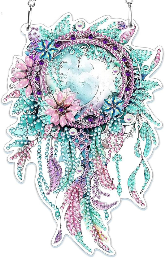 MOGTAA Dream Catcher Diamond Art Hanging Pendant Kits, 5D Special Shape Diamond Art Kits for Adults, Crystal Rhinestones Flowers Diamond Painting Gem Art for Home Garden Wall Decor