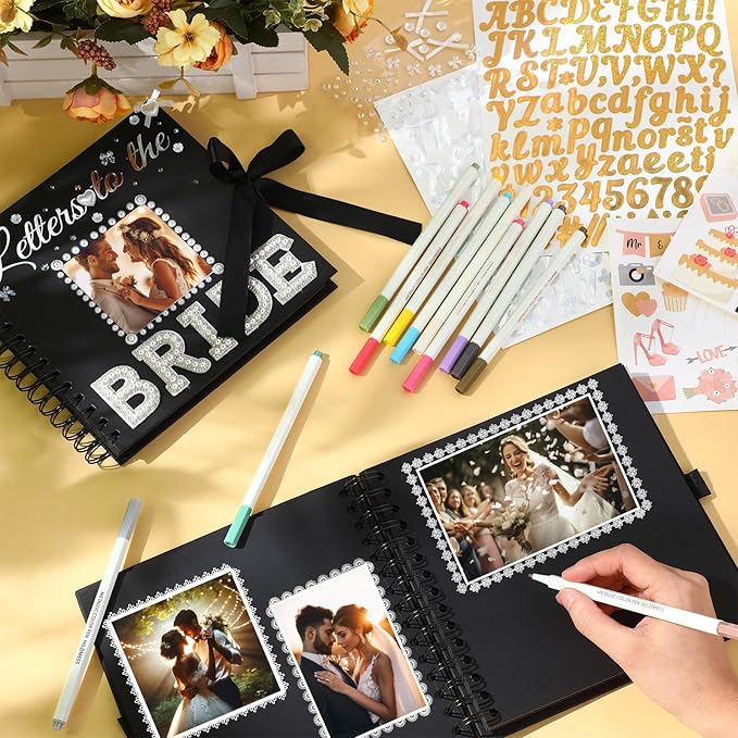 Letters To The Bride Scrapbook 8x8 Inch Bride Memory Book DIY Wedding Photo Album with Stickers and Markers for Wedding Engagement Bridal Shower Gifts Party Supplies, 40 Sheets (Bridal,Black)