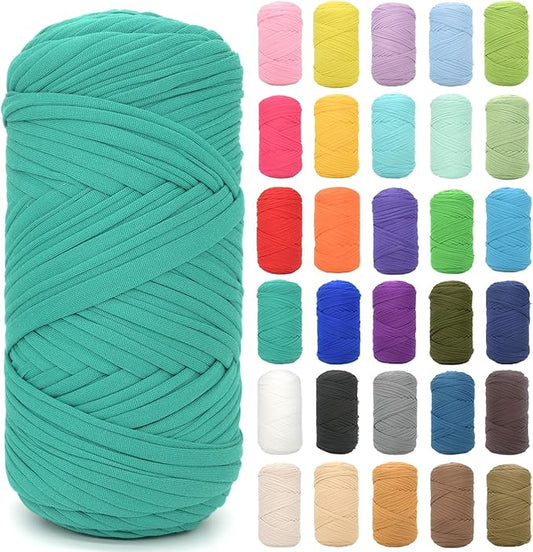 Tshirt Yarn for Crocheting,T Shirt Chunky Elastic Fabric Thick T-Shirt Crochet Yarn for Beginners Crocheting Hand Knitting Bag/Basket/Coasters/DIY Crafts/Home Decor 200G（Peacock Green）