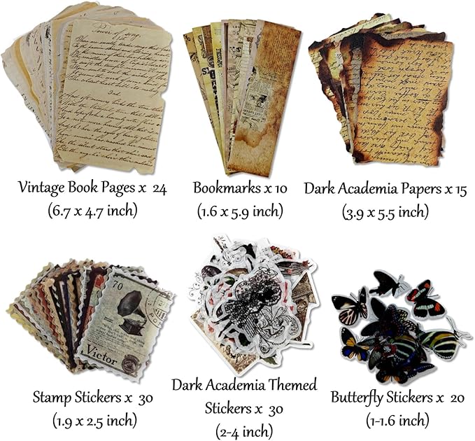 Vintage Aesthetic Scrapbook Supplies Kit with Scrapbook Paper, Stickers, Bookmarks for Scrapbooking, DIY Albums, Junk Journals, Bullet Journals, Dark Academia Aesthetic Decor (Dark2 129 Pcs)