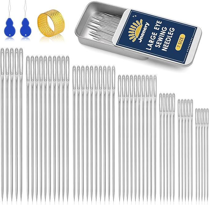 50 Pcs Large Eye Sewing Needles, 7 Size Sewing Needles for Handsewing, Leather Embroidery Thread Sharp Needle, Stainless Steel Yarn Knitting Needle with Threader, Thimble for Repair, Quilting