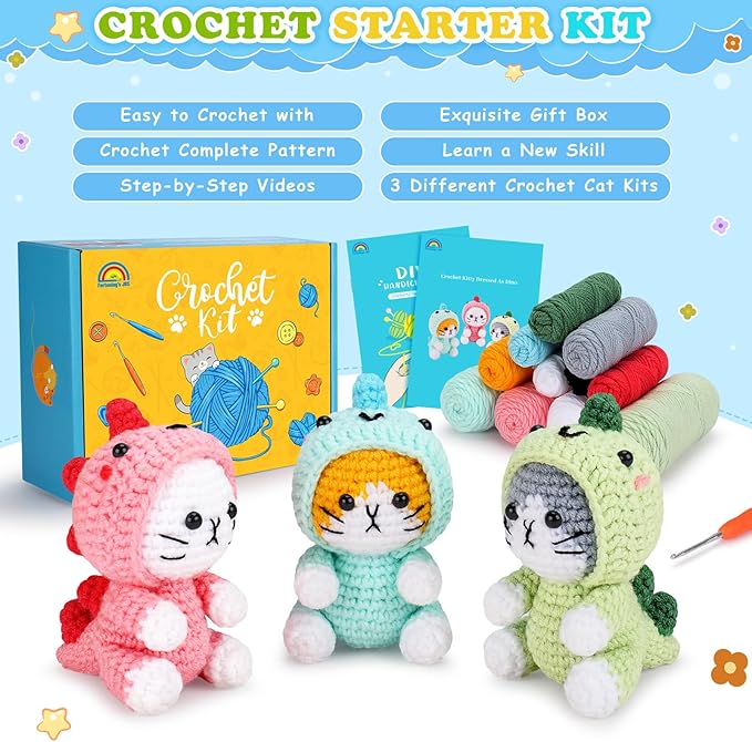 Crochet Kit for Beginners - 3 PCS Dinosaur Cat Crochet Kits with Step-by-Step Video Tutorials, Beginner Crochet Kit for Adults, Crochet Animal Kit for Starters, Cat Dressed as Dinosaur Crochet Set