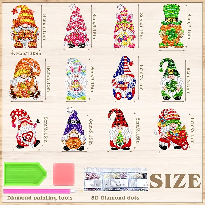 Frienda 12 Pcs Diamond Art Magnets Refrigerator Diamond Painting Magnets Seasonal Gnome Easy Kits Interchangeable for Adults Beginners DIY Gnome Home Decors Gifts Craft