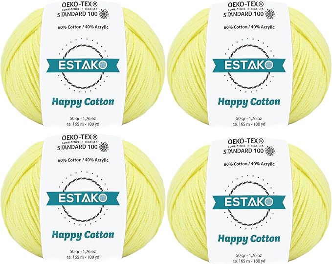 Estako Happy Cotton, (4 Skeins Pack) 60% Cotton 40% Acrylic Yarn, Soft, Fine/Sport (2) for Crochet and Knitting (4 x 1.76 Oz) / (4 x 180 Yrds) (4840 - Lemon)