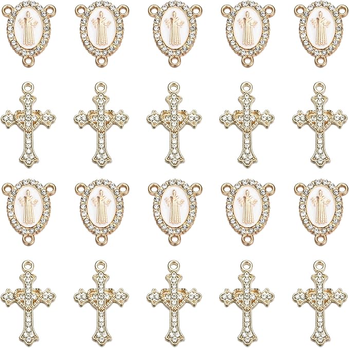 Jiali Q 20 Piece Set Rhinestone Cross Connectors and Pendants for Jewelry Making (Gold St.Benedict)