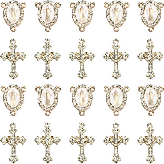 Jiali Q 20 Piece Set Rhinestone Cross Connectors and Pendants for Jewelry Making (Gold St.Benedict)