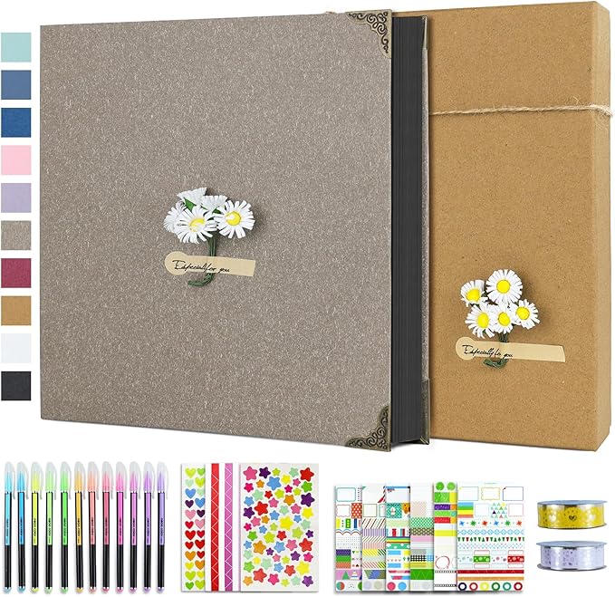 Vienrose DIY Scrapbook Photo Album Kit with Pens Tapes and Stickers 60 Pages Hardcover 12x12 Inches 3 Rings Removable Black Paper Scrapbooking for Lover Friends Kids Wedding Grey