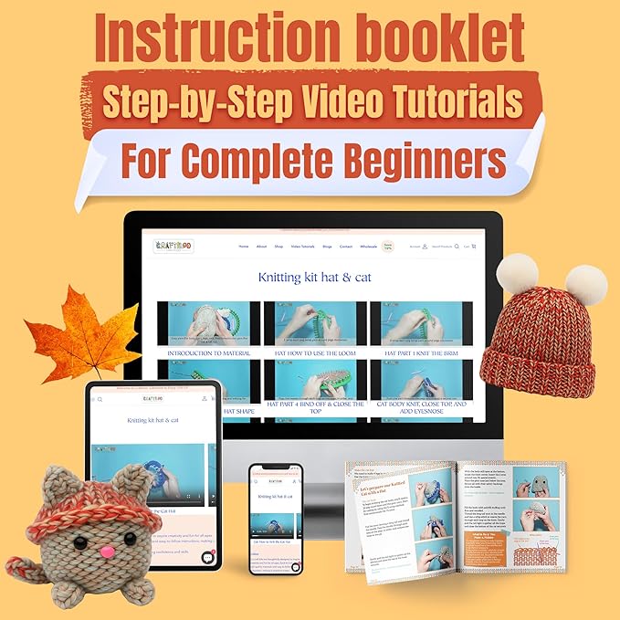 craftiloo knitting kit for kids – beginner knitting kit to make a hat & cat – quick knit loom kit with yarn, tools & instructions